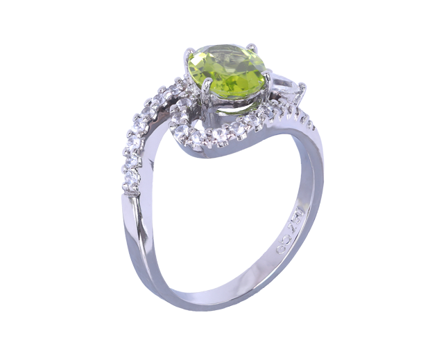 18KT WHITE GOLD RING SET WITH 01 PERIDOT AND 21 WHITE SAPPHIRES 